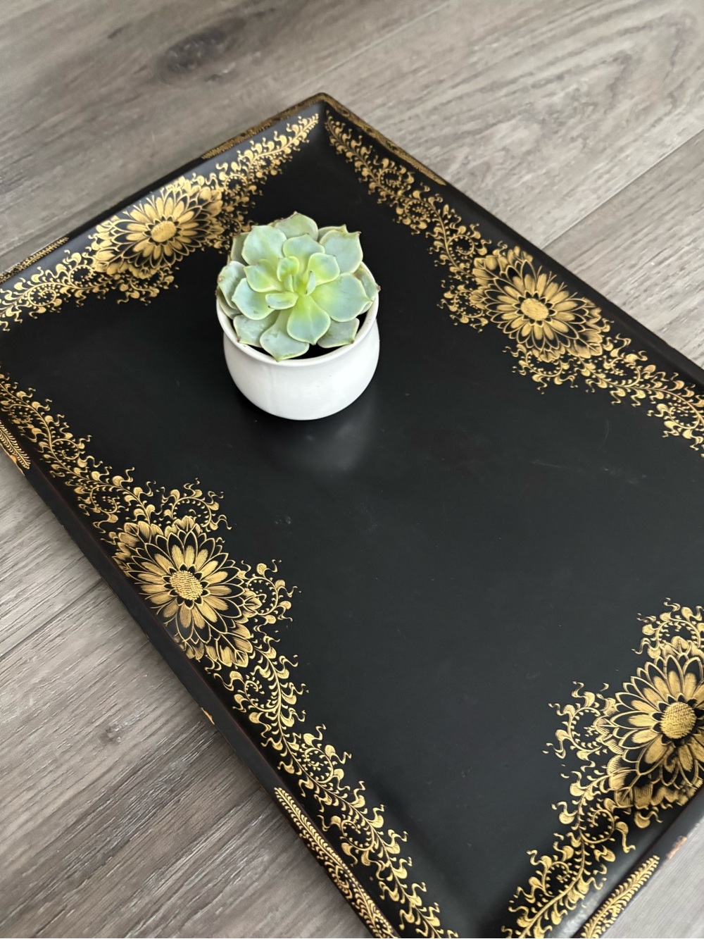 Vintage Black wooden Tray with Gold Floral pattern carved